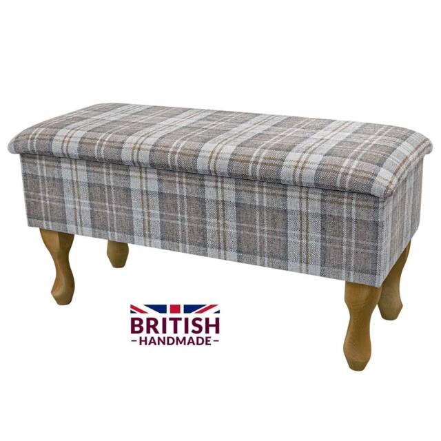Handmade Plaid Storage Ottoman Stool Lana Latte Tartan Fabric - image 1