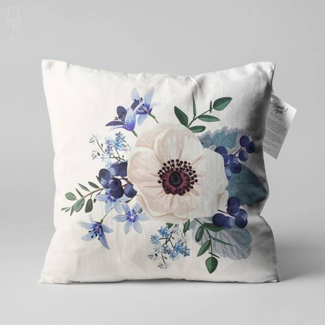 White Anemone Floral Pillow Cover - Soft Chenille Cushion, Blue Tones - image 1