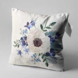 White Anemone Floral Pillow Cover - Soft Chenille Cushion, Blue Tones - thumbnail 3