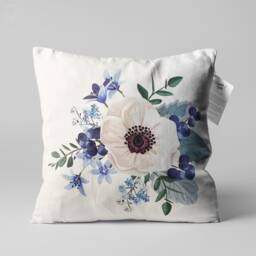 White Anemone Floral Pillow Cover - Soft Chenille Cushion, Blue Tones - thumbnail 1
