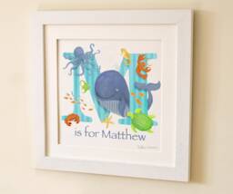 Sea Life Letter Art Print Children Kids Baby Boy Initial Illustration Fish Aquarium Blue Nursery Picture Personalised Christening Name Frame - thumbnail 1