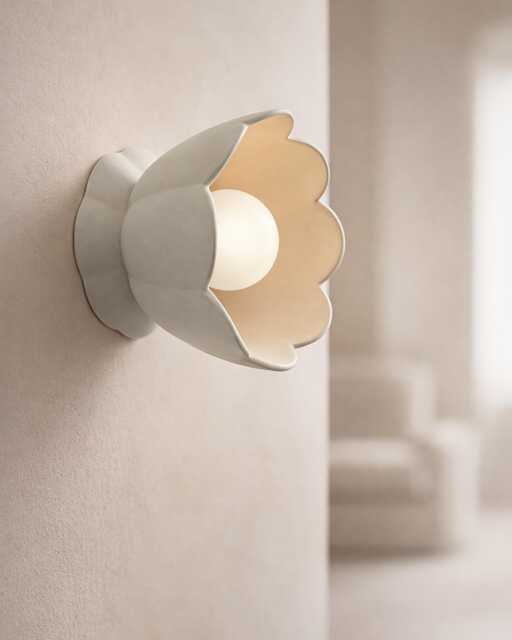 Small Vallea - Ceramic Flush Mount Wall Sconce Handmade Minimalist Flower Light Fixture in Bone White - image 1