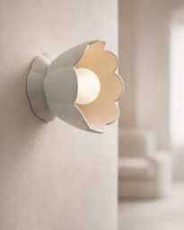 Small Vallea - Ceramic Flush Mount Wall Sconce Handmade Minimalist Flower Light Fixture in Bone White - thumbnail 1