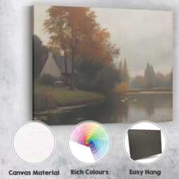Peaceful Autumn Lakeside Cottage Water Reflection Landscape Canvas Wall Art Print Decor Picture Ready To Hang - thumbnail 2