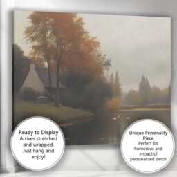 Peaceful Autumn Lakeside Cottage Water Reflection Landscape Canvas Wall Art Print Decor Picture Ready To Hang - thumbnail 3
