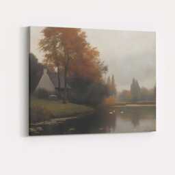 Peaceful Autumn Lakeside Cottage Water Reflection Landscape Canvas Wall Art Print Decor Picture Ready To Hang - thumbnail 4