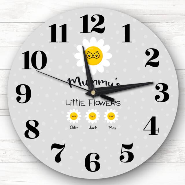 Mummy's Little Flowers Grey Or Mother's Day Gift For Mum Personalised Clock - image 1