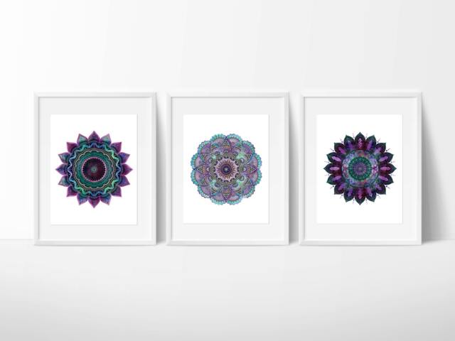 Set Of Three Mandala Prints/Yoga Meditation Zen Purple Mandalas Sacred Geometry Rectangular + Square - image 1
