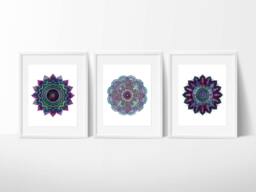 Set Of Three Mandala Prints/Yoga Meditation Zen Purple Mandalas Sacred Geometry Rectangular + Square - thumbnail 1