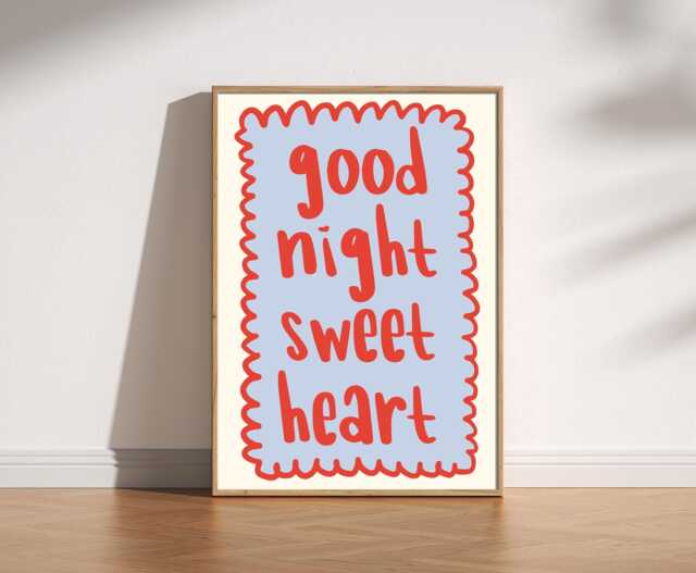 Good Night Sweetheart Print, Cute Bedtime Wall Art, Whimsical Bedroom Decor, Playful Love Quote Poster, Cosy Trendy Retro Blue & Red - image 1
