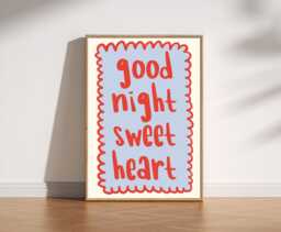 Good Night Sweetheart Print, Cute Bedtime Wall Art, Whimsical Bedroom Decor, Playful Love Quote Poster, Cosy Trendy Retro Blue & Red - thumbnail 1