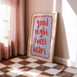 Good Night Sweetheart Print, Cute Bedtime Wall Art, Whimsical Bedroom Decor, Playful Love Quote Poster, Cosy Trendy Retro Blue & Red - thumbnail 2