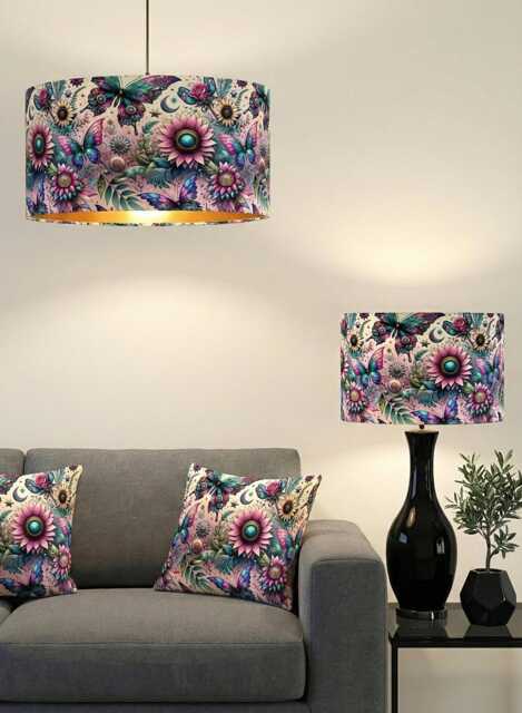 Handmade By Order Pink Multicoloured Butterfly & Roses Pattern Drum Velvet Lamp Shade Pendant Light All Shapes Sizes Availa - image 1
