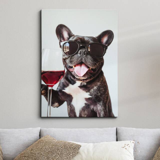 French Bulldog Drinking Wine With Sunglasses Photo Framed Poster Print & Canvas Wall Decor Art Bedroom Home Interior Gift For Pets - image 1