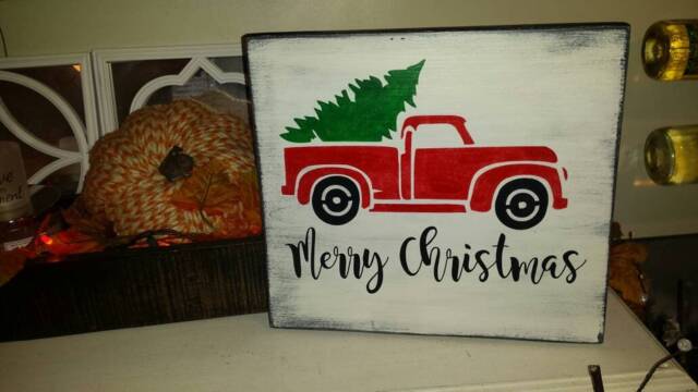 Merry Christmas Red Truck Sign Distressed Wood Wall Hanging Rustic Holiday Primitive Decor Farmhouse Decoration - image 1