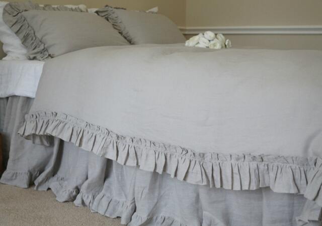 Stone Grey Ruffled Duvet Cover Handmade With Vintage Ruffle Style, Linen Bedding, Shabby Chic Bedding - image 1
