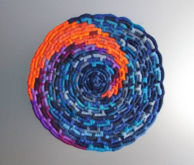 Bright Blue, Purple, Orange Wave Stained Glass-Inspired Disc Coiled Jute Fiber Wall Hanging - Made With A Wide Variety Of Different Yarns - image 1