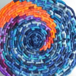 Bright Blue, Purple, Orange Wave Stained Glass-Inspired Disc Coiled Jute Fiber Wall Hanging - Made With A Wide Variety Of Different Yarns - thumbnail 4