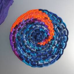 Bright Blue, Purple, Orange Wave Stained Glass-Inspired Disc Coiled Jute Fiber Wall Hanging - Made With A Wide Variety Of Different Yarns - thumbnail 3