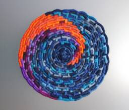 Bright Blue, Purple, Orange Wave Stained Glass-Inspired Disc Coiled Jute Fiber Wall Hanging - Made With A Wide Variety Of Different Yarns