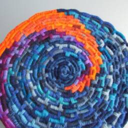 Bright Blue, Purple, Orange Wave Stained Glass-Inspired Disc Coiled Jute Fiber Wall Hanging - Made With A Wide Variety Of Different Yarns - thumbnail 2