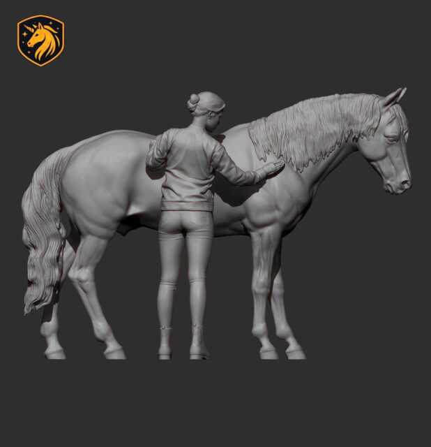 Girl Combing Horse - Unpainted Abs Resin Model - Realistic Equine Sculpture - image 1