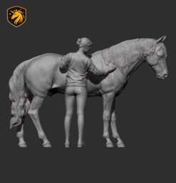 Girl Combing Horse - Unpainted Abs Resin Model - Realistic Equine Sculpture - thumbnail 1
