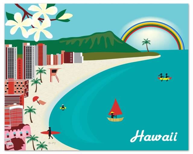Hawaii Print, Honolulu Skyline, Diamond Head Waikiki Beach Wall Art, Oahu Art Wedding, E8-O-Hi - image 1