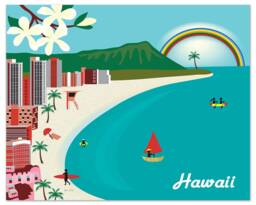 Hawaii Print, Honolulu Skyline, Diamond Head Waikiki Beach Wall Art, Oahu Art Wedding, E8-O-Hi - thumbnail 1