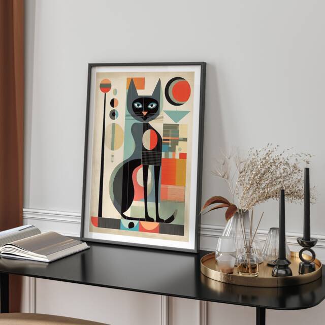 Mid Century Modern Cat Illustration With Retro Colour Blocks Geometric Feline Art Print For Living Room Home Decor Gift - image 1