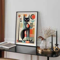 Mid Century Modern Cat Illustration With Retro Colour Blocks Geometric Feline Art Print For Living Room Home Decor Gift - thumbnail 1