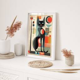 Mid Century Modern Cat Illustration With Retro Colour Blocks Geometric Feline Art Print For Living Room Home Decor Gift - thumbnail 2