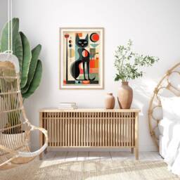 Mid Century Modern Cat Illustration With Retro Colour Blocks Geometric Feline Art Print For Living Room Home Decor Gift - thumbnail 3