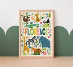 Personalised Jungle Animal Name Print, Safari Nursery Kids Custom Theme Accessories, Baby Shower Gift - thumbnail 1