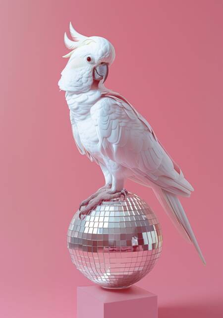Funny Animal Wall Art Pink White Parrot On Disco Ball Party Animal - A4 A3 A2 Festival Merch