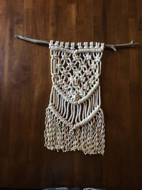 "Macrame Wall Hanging On Branch - Wood Unknown, Hand-Knotted With Cotton Rope. Rope Area Measures 10"" X 20" - image 1