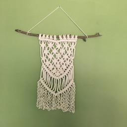 "Macrame Wall Hanging On Branch - Wood Unknown, Hand-Knotted With Cotton Rope. Rope Area Measures 10"" X 20" - thumbnail 2