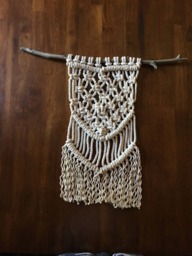 "Macrame Wall Hanging On Branch - Wood Unknown, Hand-Knotted With Cotton Rope. Rope Area Measures 10"" X 20" - thumbnail 1