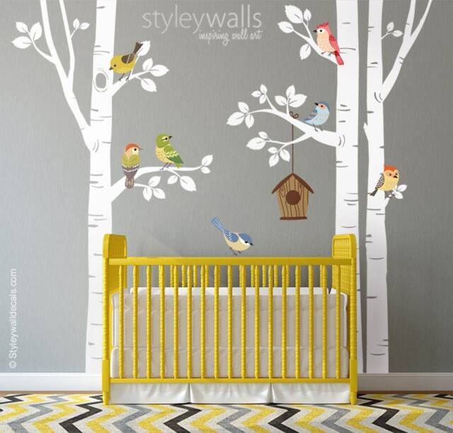 Birch Trees & Birds Wall Decal, Forest Sticker, Nursery Baby Room Decor - image 1