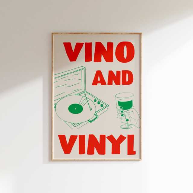 Vino & Vinyl Print, Music & Wine Wall Art, Retro Kitchen Decor, Record Lover Poster, Aesthetic Funky Home Decor - image 1