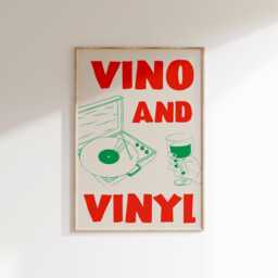 Vino & Vinyl Print, Music & Wine Wall Art, Retro Kitchen Decor, Record Lover Poster, Aesthetic Funky Home Decor - thumbnail 1