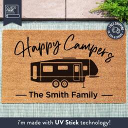 Happy Campers Customised Door Mat - Pull Along Caravan Travel Doormat Personalised Doorstep Custom Made Camping - thumbnail 1