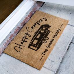 Happy Campers Customised Door Mat - Pull Along Caravan Travel Doormat Personalised Doorstep Custom Made Camping - thumbnail 2