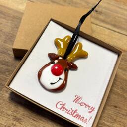 Fused Glass Christmas Rudolph Reindeer Decorations, Send A Red Nose Tree Ornaments, Quirky Fun - thumbnail 3