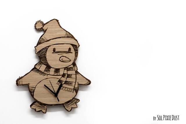 Little Cute Penguin Engraved Wooden Wall Clock - Kids Nursery - image 1