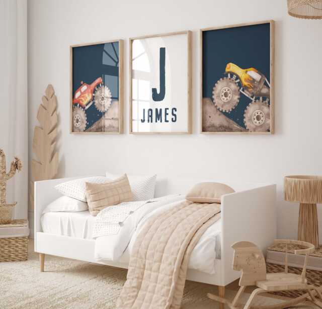 Personalized Monster Truck Wall Art Set Watercolor Nursery Decor - Unframed Prints - image 1