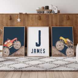 Personalized Monster Truck Wall Art Set Watercolor Nursery Decor - Unframed Prints - thumbnail 2