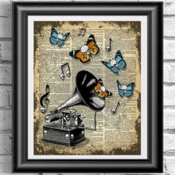 Musical Instrument Gramophone Printed On An Antique Dictionary Book Page. Gothic Notes & Skull Flies Old Page, Wall Decor - thumbnail 1