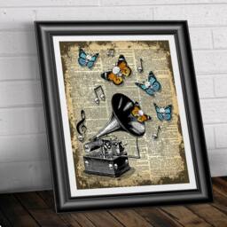 Musical Instrument Gramophone Printed On An Antique Dictionary Book Page. Gothic Notes & Skull Flies Old Page, Wall Decor - thumbnail 2