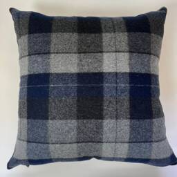 "Blue Black & Gray Plaid Wool Pillow Cover Exposed Zipper-Leather Pull 24"" 20"" 22"" 14x24" - thumbnail 2